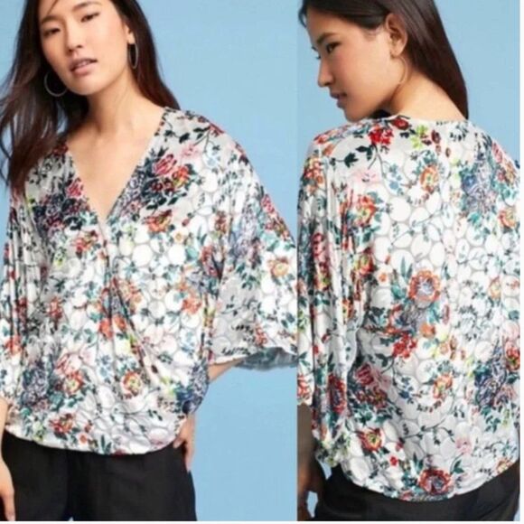 Maeve Umi Wrap Blouse Top Velvet Burnout Floral Kimono Sleeves Size XSmall - Picture 3 of 13